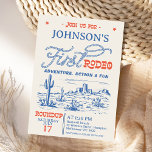 Convite Primeiro aniversario de Vintage Blue Western Deser<br><div class="desc">Vintage Blue Western Desert Rodeo Convite para o primeiro aniversário de rodeio azul e vermelho do primeiro aniversario Invitation Boy apresentando uma paisagem desértica,  estilo de corda e outro texto de fonte no estilo ocidental.</div>