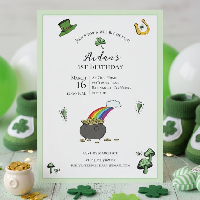 Convite primeiro aniversario Dia de São Patrício Verde arc (Irish First Birthday Rainbow Invite. Green Shamrock Pot of Gold St Patrick's Day 1st Birthday Party)