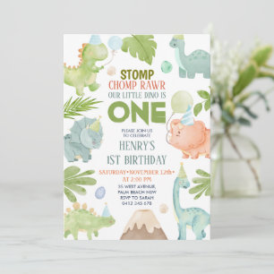 Convite Primeiro aniversario Dino Rawr Boy Chomp Dinosaur