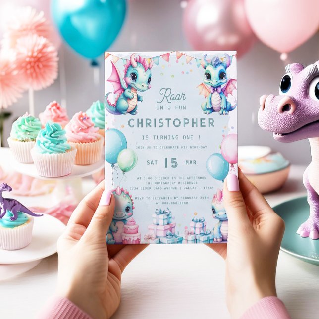 Convite Primeiro aniversario Dinossauro Pastel Cute Dino D (Criador carregado)