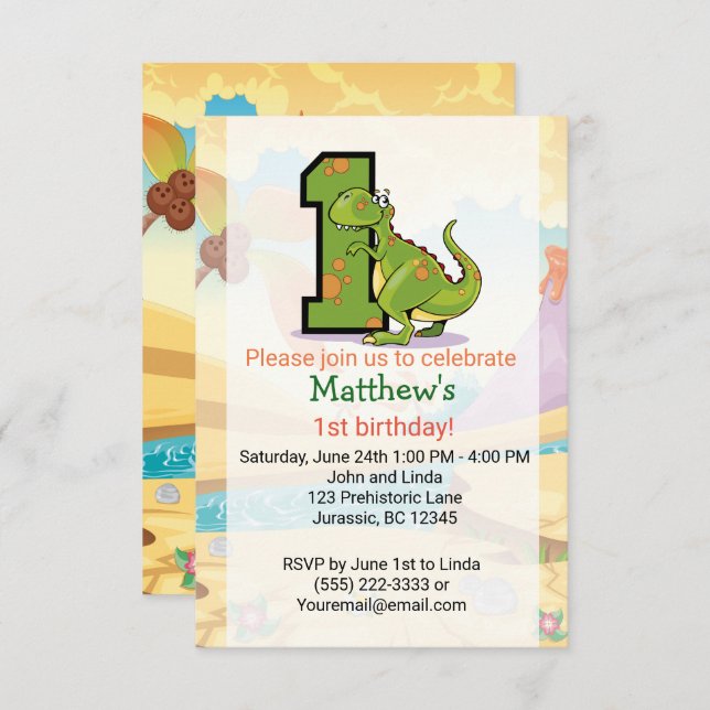 Convite Primeiro aniversario Dinossauro Personalizado (Frente/Verso)