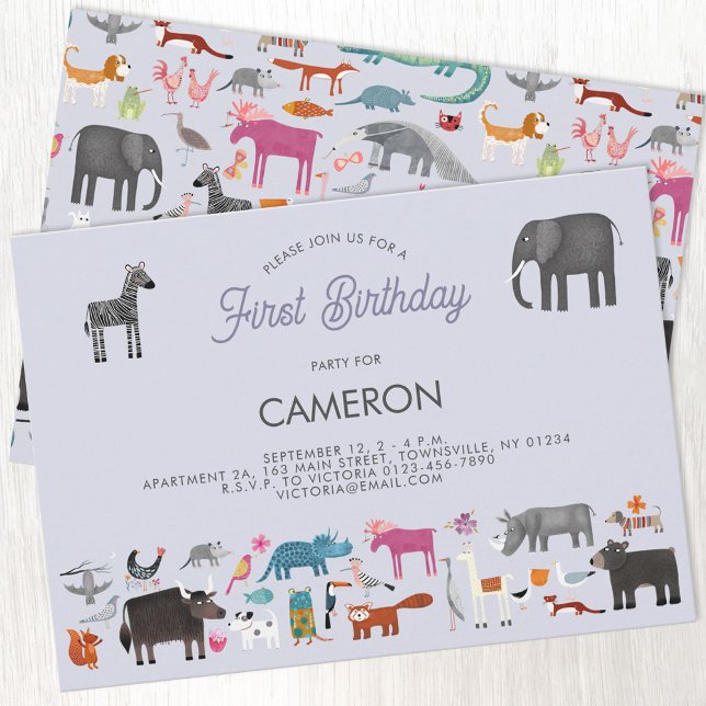 Convite Primeiro Aniversário do Animal (Fun animal menagerie personalized custom kid's first birthday invitation)
