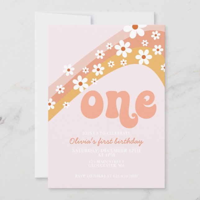 Convite Primeiro aniversário do arco-íris da margarida ret (Frente)