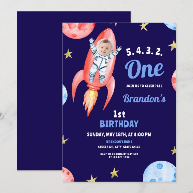 Convite Primeiro aniversario do Astronauta do Foguete do E (Frente/Verso)