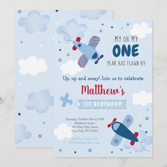 Convite Primeiro Aniversário do Avião Cute Estende Nuvens (Frente/Verso)
