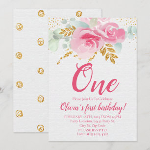 Convite Primeiro Aniversário do Bebê Floral Rosa-Blush
