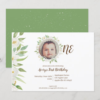 Convite Primeiro aniversario do Bebê Floral Verde e Branco