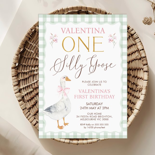 Convite Primeiro aniversario do Bobo do Arco do Sage Quain (Sage One Silly Goose 1st Birthday Invitation Template, Pink Bow Goose First Birthday Invite, Plaid)