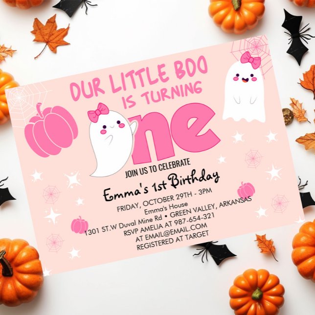 Convite Primeiro Aniversário do Boo Halloween, Cor Rosa, (Criador carregado)