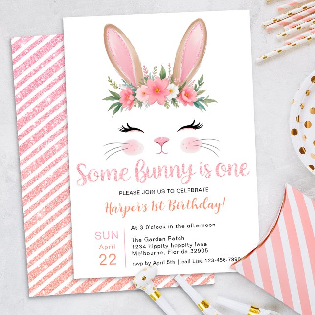 Convite Primeiro Aniversário do Coelhinho Floral Rosa (Some Bunny is One Birthday Invite)