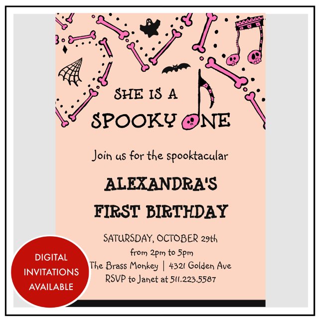 Convite Primeiro aniversario do Dia das Bruxas cor de lara (Halloween-1st-birthday-Invitation-Pink-Orange-Skull-Spooky-1)
