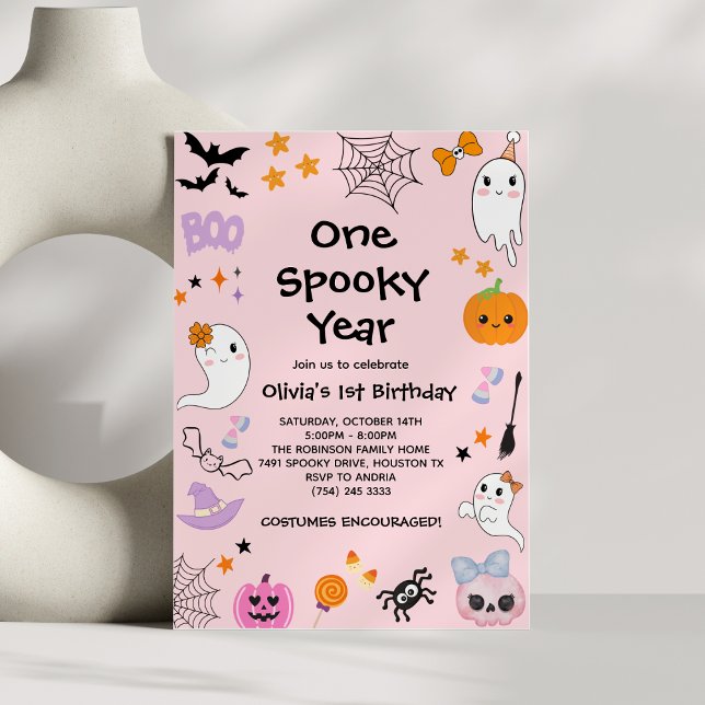 Convite Primeiro aniversario do Dia das Bruxas Fantasmas R (Pink One Spooky Year Ghost Halloween 1st Birthday Invitation )
