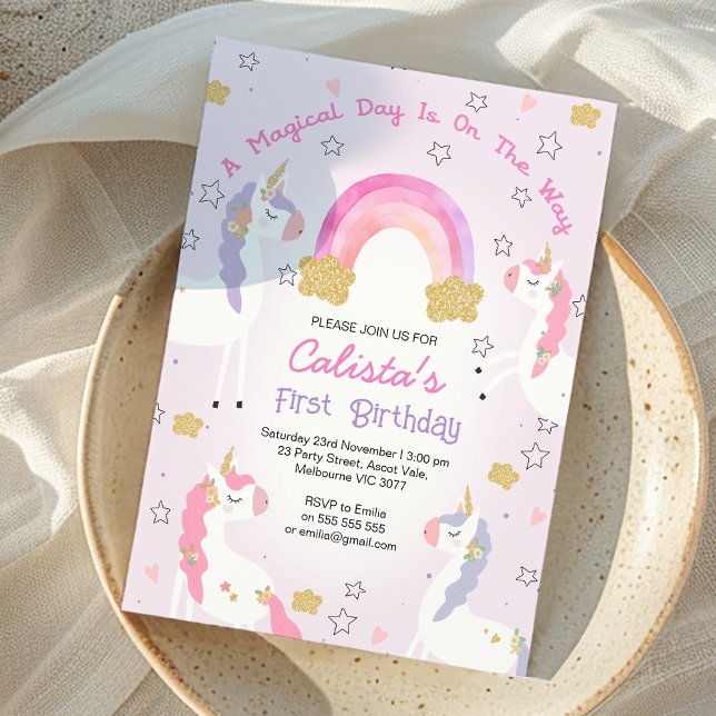 Convite Primeiro aniversario do Dia Mágico do Unicórnio Pú (Pink and Purple Magical Day Unicorn 1st Birthday Invitation. Unicorn themed birthday party Invite, )