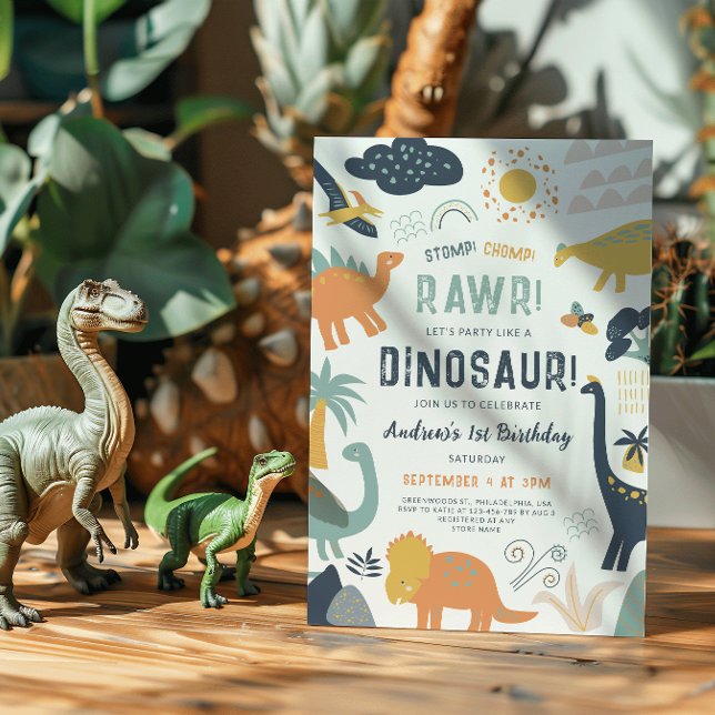 Convite Primeiro Aniversário do Dinossaur, Salto de Chomp (Criador carregado)