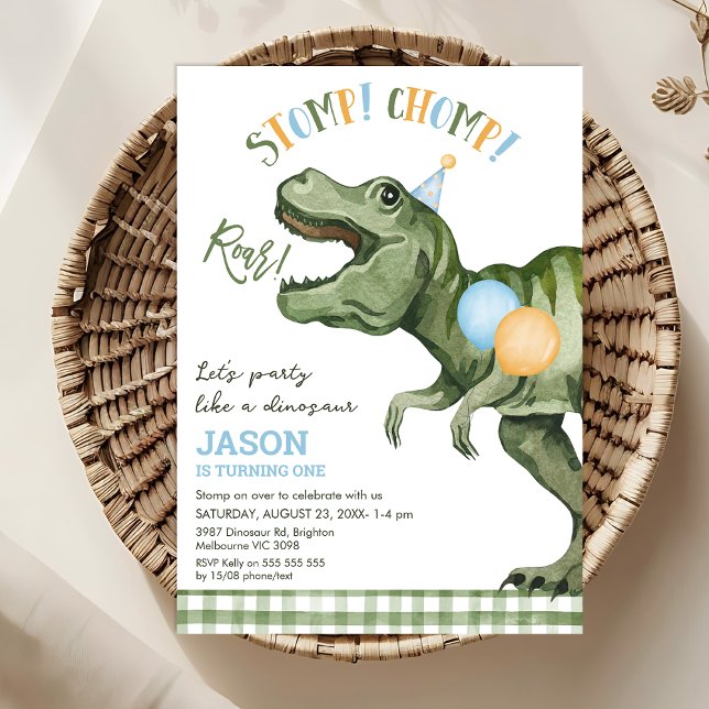 Convite Primeiro aniversario do Dinossauro do Chomp Roar B (Stomp Chomp Roar Party Like A Dinosaur Birthday Invitation Template, Dinosaur Themed 1st Birthday )