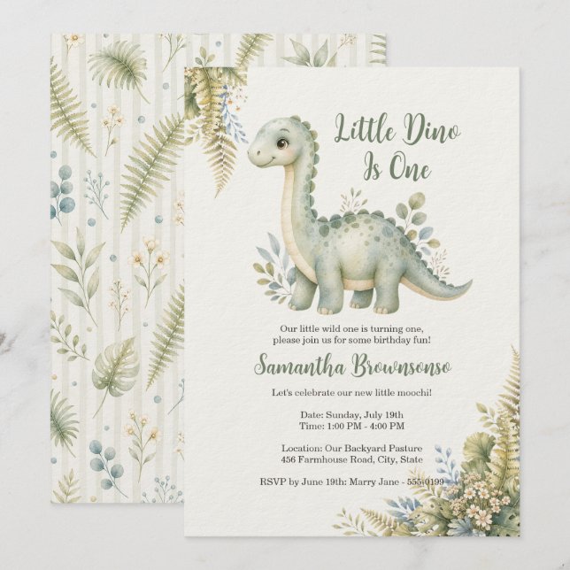 Convite Primeiro Aniversário do Dinossauro Samambaia (Frente/Verso)