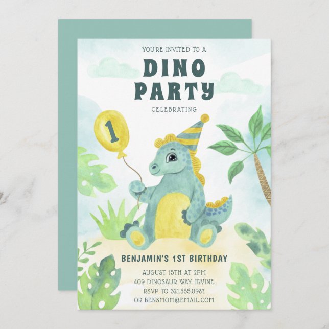 Convite Primeiro Aniversário do Festa Dino do Dinossauro C (Frente/Verso)