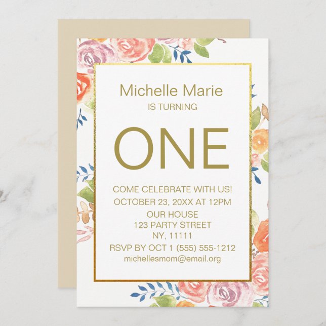 Convite Primeiro Aniversário do Floral de Dourada Aquarela (Frente/Verso)