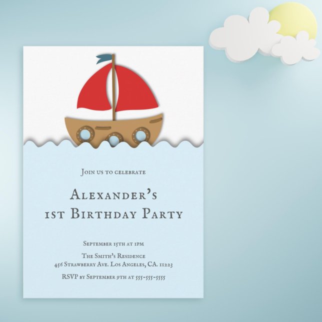 Convite Primeiro Aniversário do Garoto Náutico Moderno (Cute first birthday party invitation with a boat illustration)