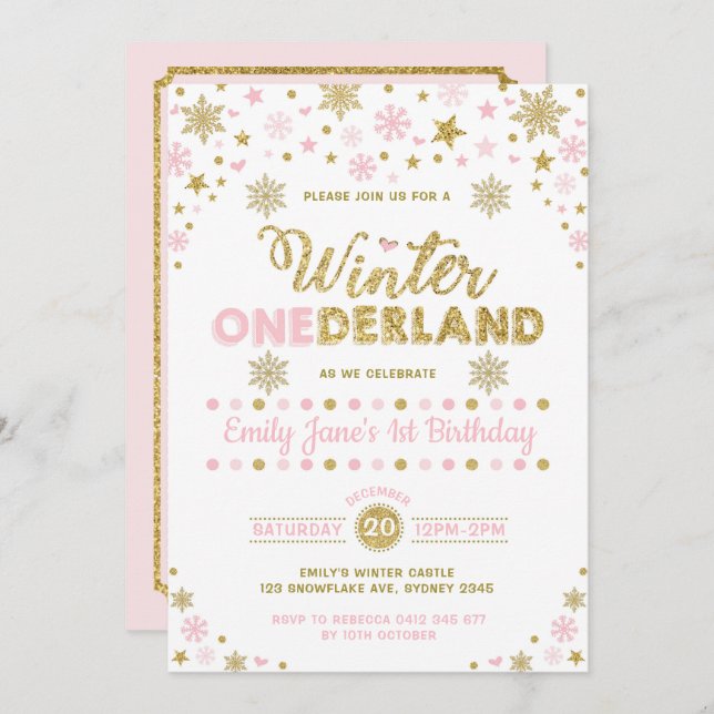 Convite primeiro aniversario do inverno ONEderland - Rosa  (Frente/Verso)