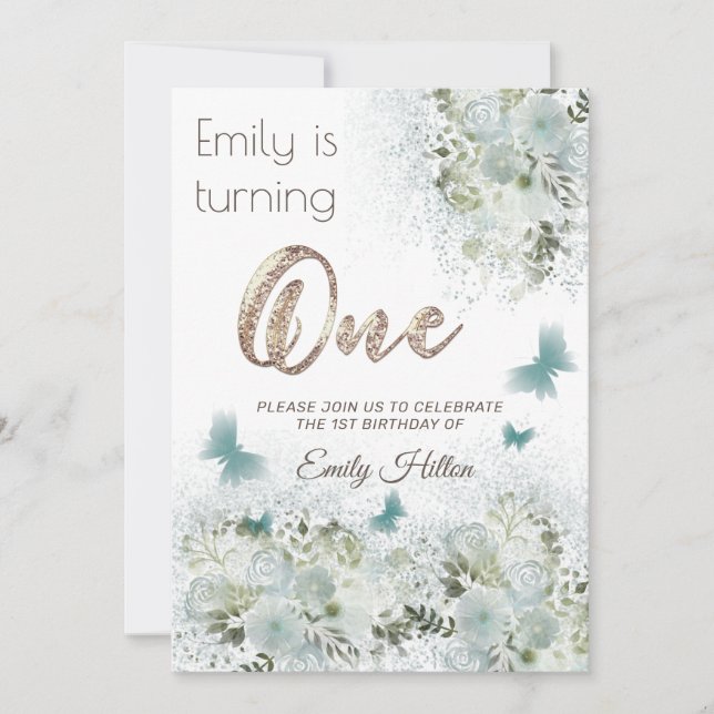 Convite Primeiro aniversário do jardim floral da borboleta (Frente)