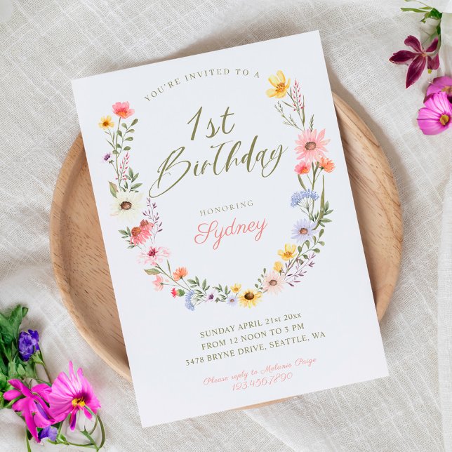 Convite primeiro aniversario do Jardim Florestal (1st Birthday Garden Party Wildflower Watercolor Invitation)