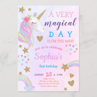 Convite Primeiro Aniversário do Magical Unicorn Rainbow Pa
