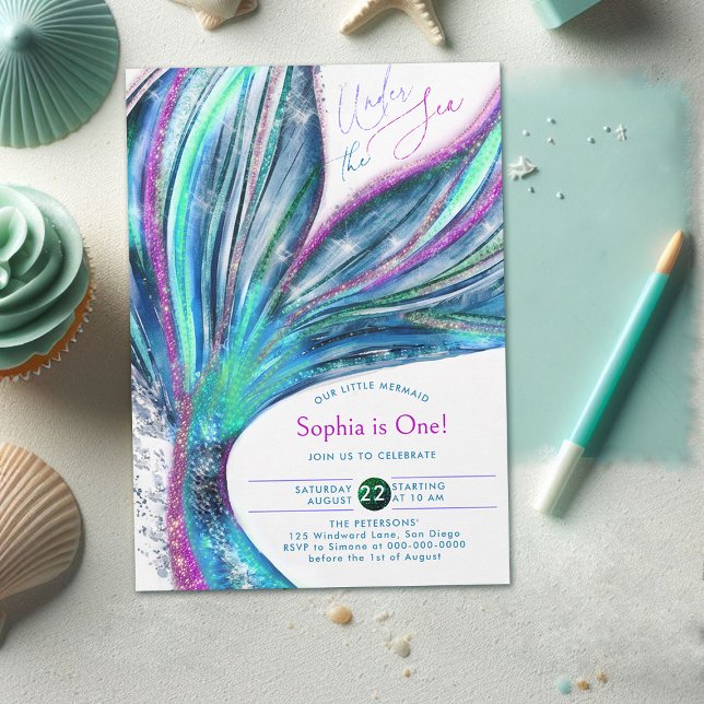 Convite Primeiro aniversario do Mar Glitter Iridescente da (mermaid birthday invitation 1st under sea onederful girl party holographic glitter cute watercolor)