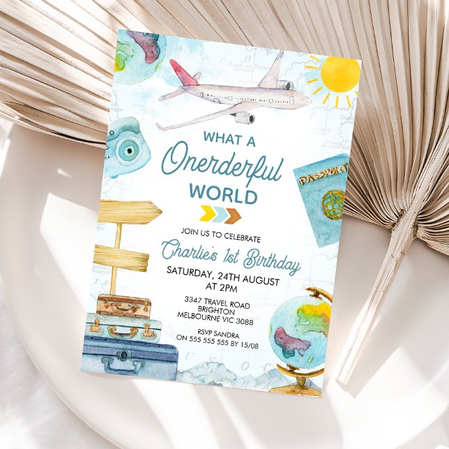 Convite Primeiro aniversario do Mundo Maravilhoso da Viage (Travel Themed What A Onederful World 1st Birthday Invitation Boy, Wonderful Themed Invite Boy, Plane)