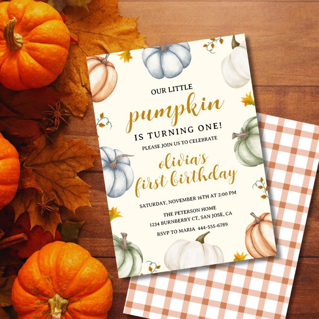 Convite Primeiro Aniversário do Outono Pequeno (Rustic pumpkin birthday invite with colorful pumpkins and editable party text)