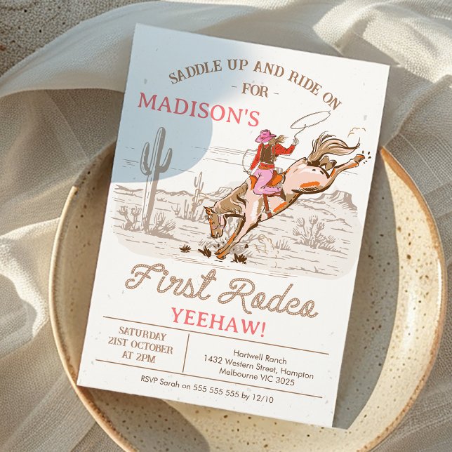 Convite Primeiro aniversario do primeiro rodeio da Cowgirl (Girls First Rodeo Birthday Invitation, First Rodeo 1st Birthday Invite Cowgirl Horse Wild West)
