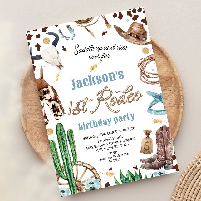 Convite Primeiro aniversario do Primeiro Rodeio Ocidental  (Boys 1st Rodeo Birthday Invitation My First Rodeo first Birthday Invite, Rope Text Blue Floral )