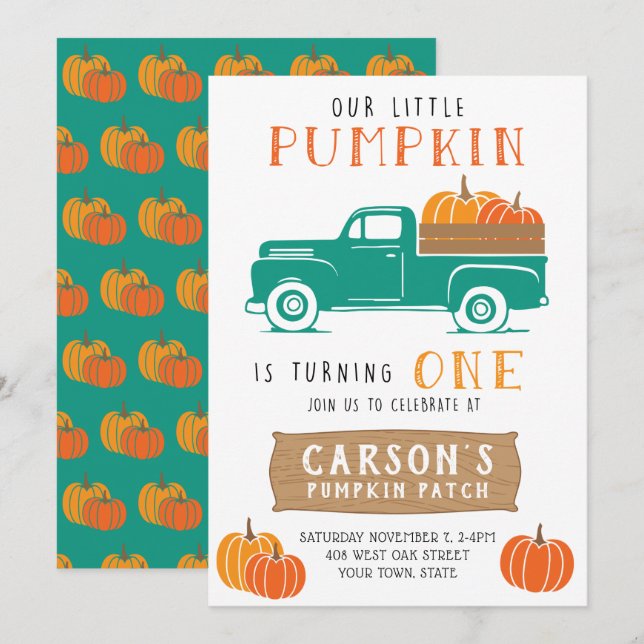 Convite Primeiro Aniversário do Rapaz da Pumpkin Vintage (Frente/Verso)