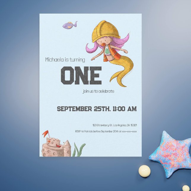 Convite Primeiro Aniversário do Trabalhador de Construção  (Cute construction worker mermaid first birthday party invitation)