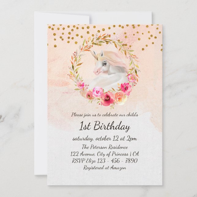Convite Primeiro Aniversário do Unicórnio Dourado Glitter  (Frente)
