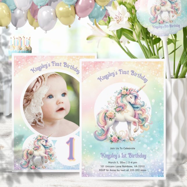 Convite Primeiro aniversário do Unicórnio Foto do Rainbow  (First Birthday Unicorn Photo Rainbow Pastel Party Invitation)