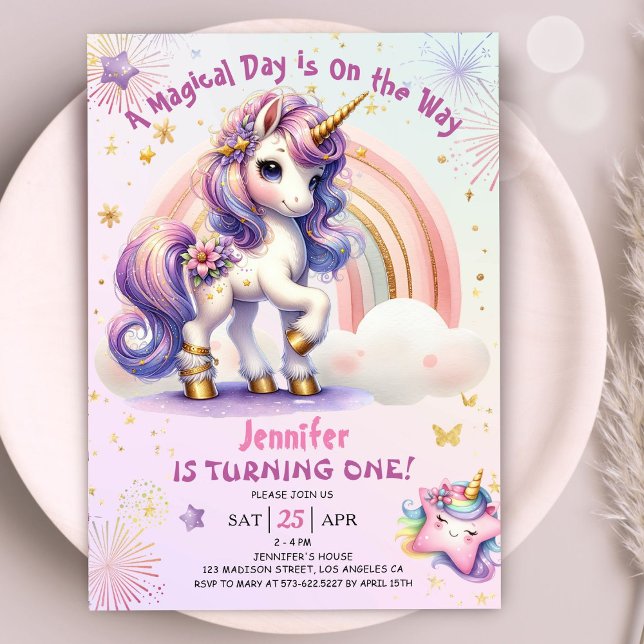 Convite Primeiro aniversario do Unicórnio Rapariga Roxa Do (#UnicornBirthdayInvitation #UnicornBirthdayInvitationTemplate #UnicornBirthdayInvitationEditable )