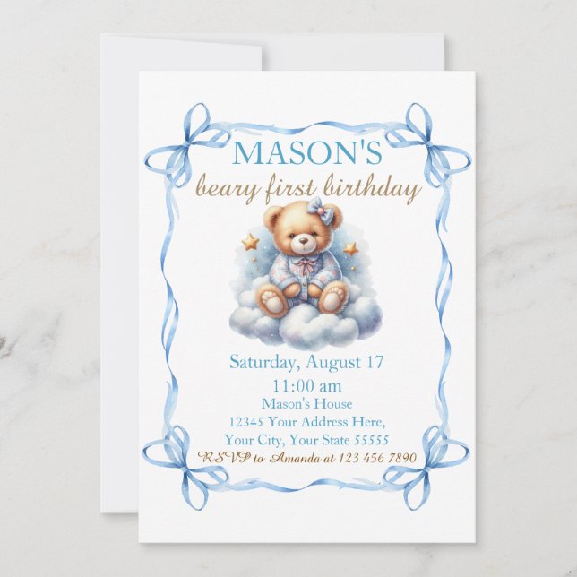 Convite Primeiro Aniversário do Urso Colorido do Balão (Frente)