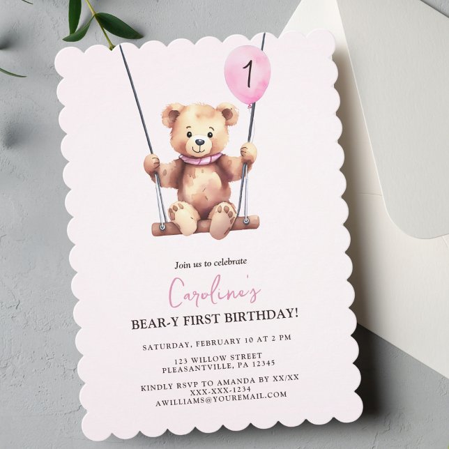 Convite Primeiro Aniversário do Urso Rosa-Rosa (Criador carregado)