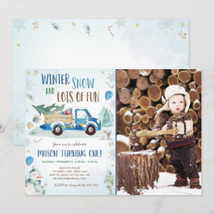 Convite Primeiro Aniversário do Winter Blue Truck Snow Bo