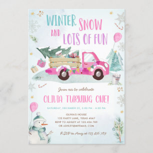 Convite Primeiro Aniversário do Winter Pink Truck Snow Fun