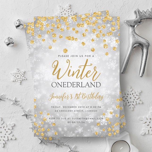 Convite Primeiro aniversario Dourada de Largura do inverno (Silver Gold Winter ONEDERLAND Glitter 1st Birthday Invitation)