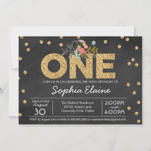 Convite Primeiro Aniversário, Dourada Glitter Confetti, Ch
