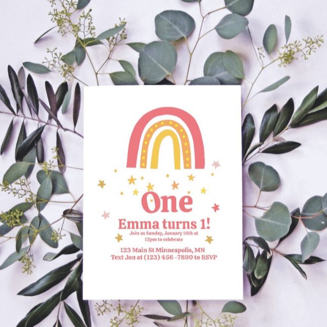 Convite Primeiro aniversario Dourado arco-íris rosa (Criador carregado)