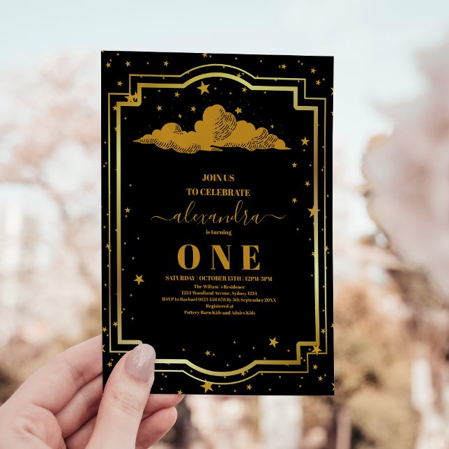 Convite Primeiro aniversario Dourado Celestial Elegante (Criador carregado)