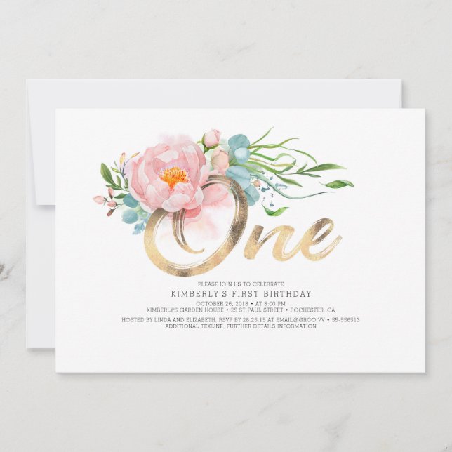 Convite primeiro aniversario Dourado de Brilho e Flores Ro (Frente)