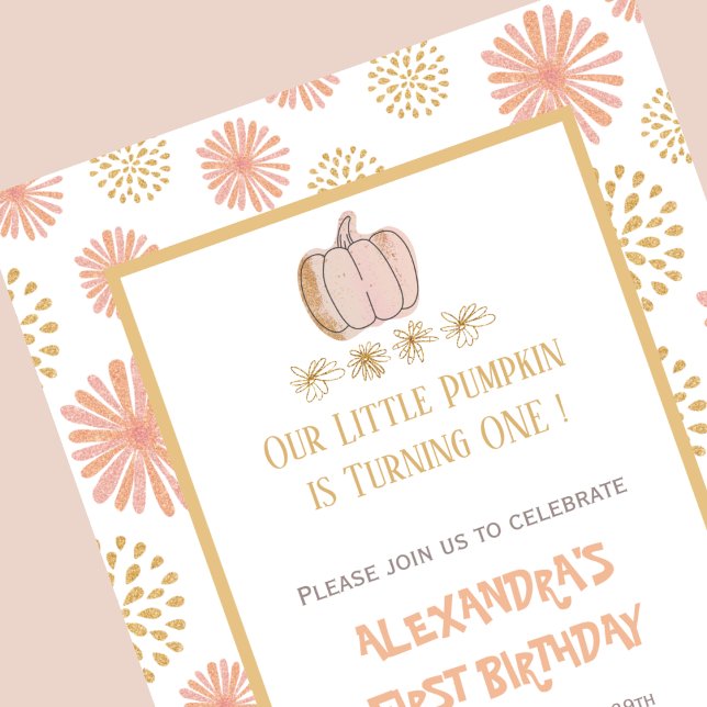 Convite Primeiro aniversario Dourado de Halloween cor-de-r (Halloween-1st-birthday-Invitation-Pumpkin-Floral-Pink-Gold-1)