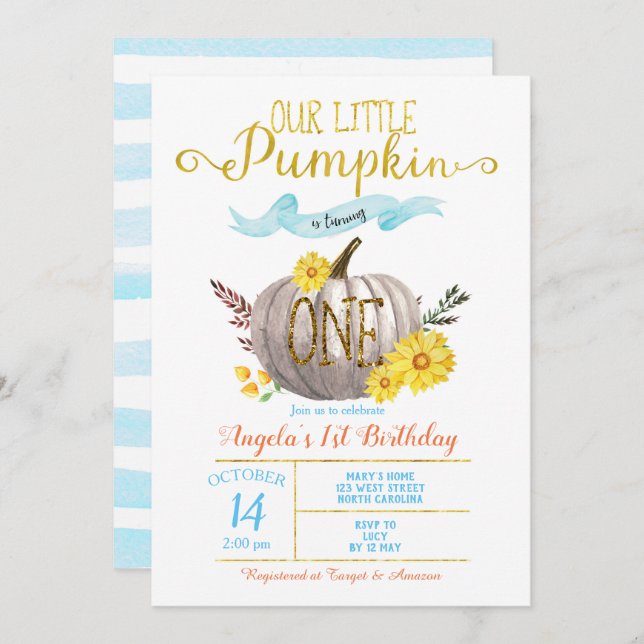 Convite primeiro aniversario Dourado de queda azul do garo (Frente/Verso)