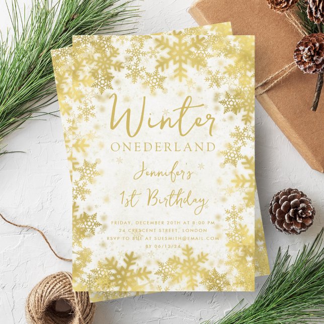 Convite Primeiro aniversario Dourado festivo do inverno ON (Festive Gold Winter ONEDERLAND 1st Birthday Invitation)