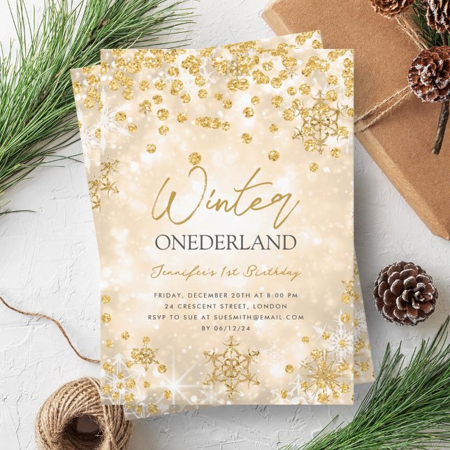 Convite Primeiro aniversario Dourado festivo do inverno ON (Festive Gold Winter ONEDERLAND 1st Birthday Invitation)